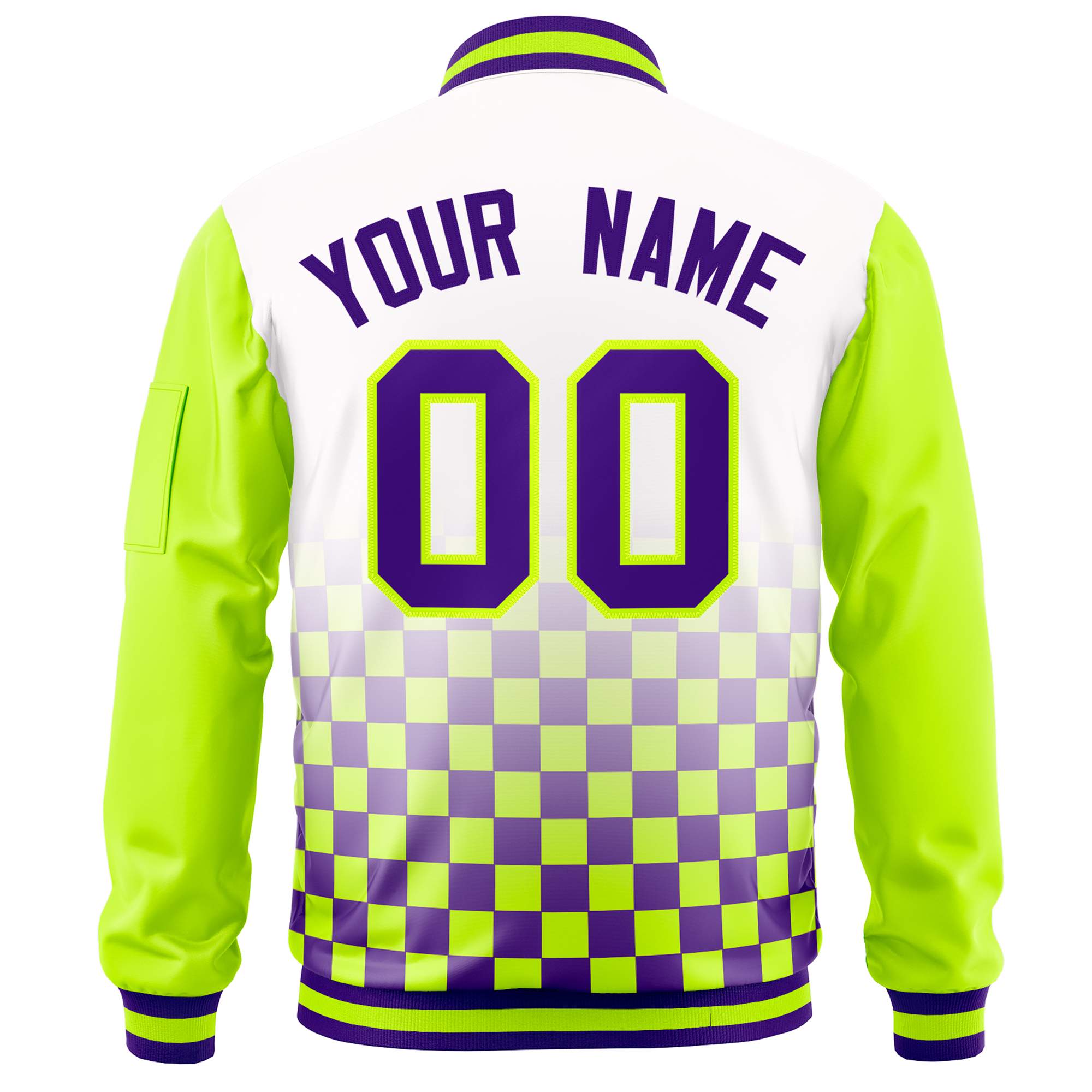 Custom White Purple-Neon Green Grid Varsity Full-Zip Color Block Letterman Raglan Sleeve Jacket