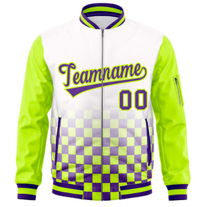 Custom White Purple-Neon Green Grid Varsity Full-Zip Color Block Letterman Raglan Sleeve Jacket