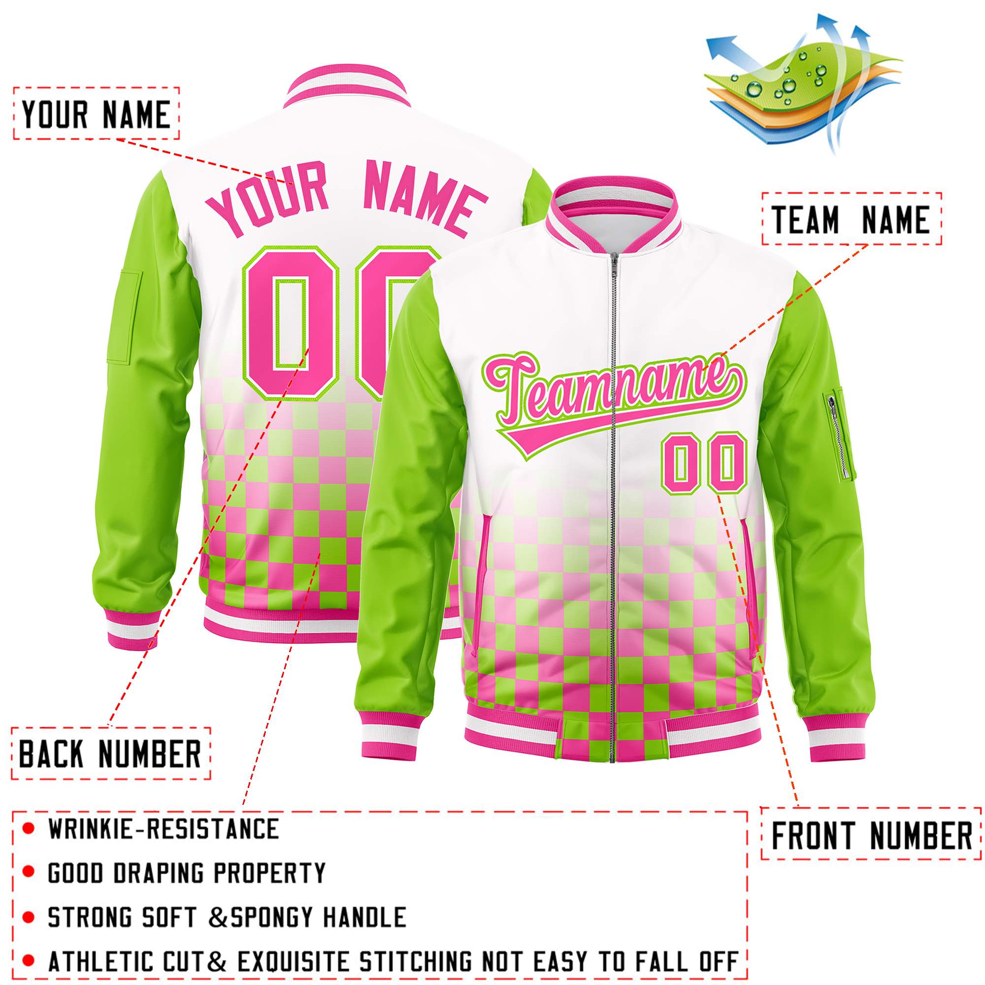 Custom White Pink-Neon Green Grid Varsity Full-Zip Color Block Letterman Raglan Sleeve Jacket