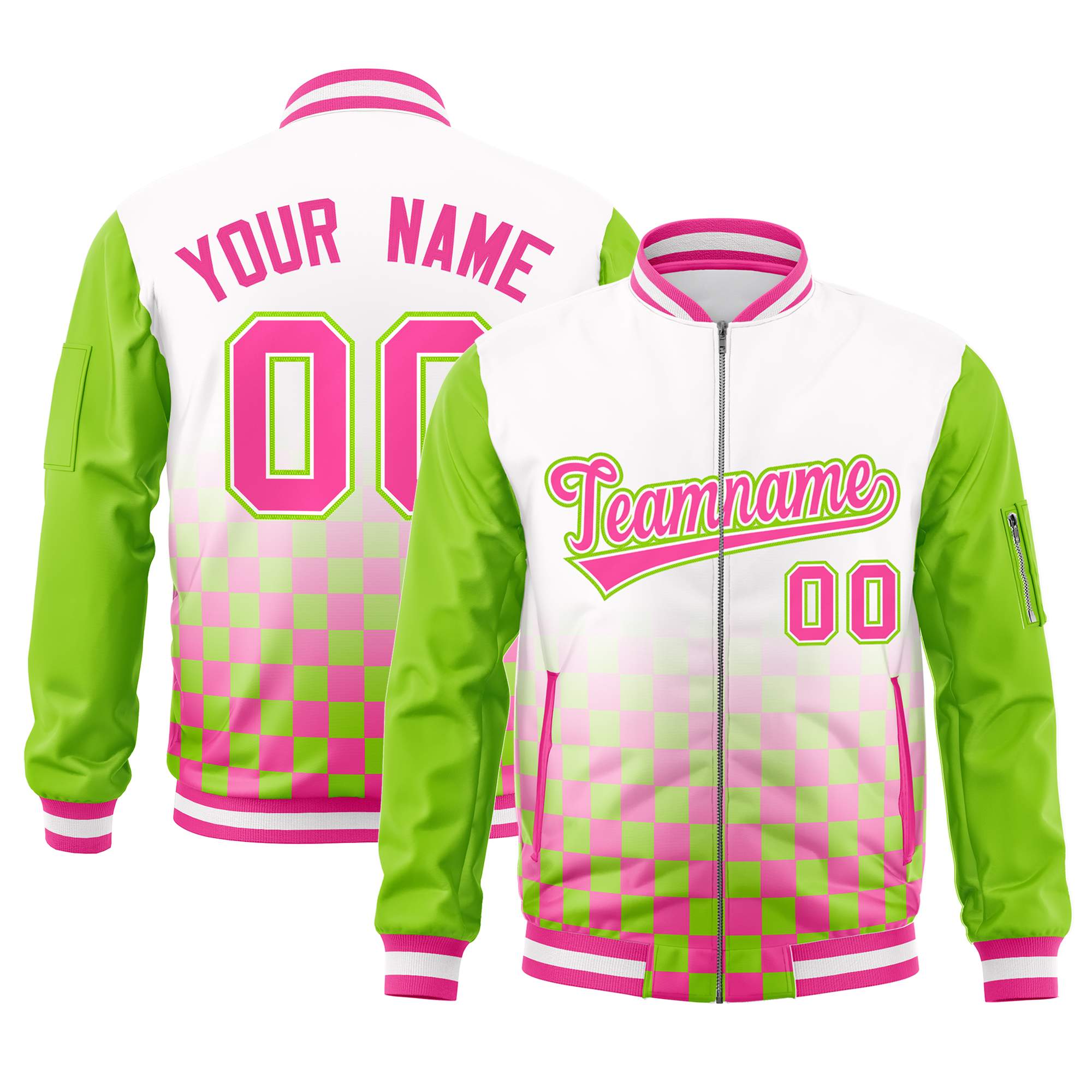 Custom White Pink-Neon Green Grid Varsity Full-Zip Color Block Letterman Raglan Sleeve Jacket