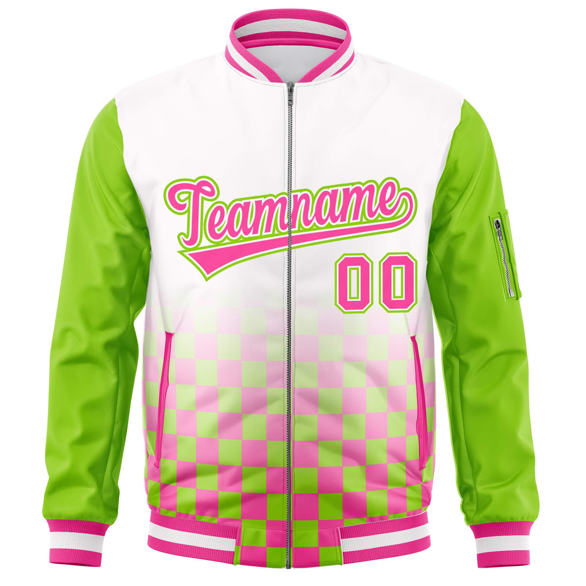 Custom White Pink-Neon Green Grid Varsity Full-Zip Color Block Letterman Raglan Sleeve Jacket