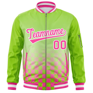 Custom Neon Green Pink-White Grid Varsity Full-Zip Color Block Letterman Raglan Sleeve Jacket