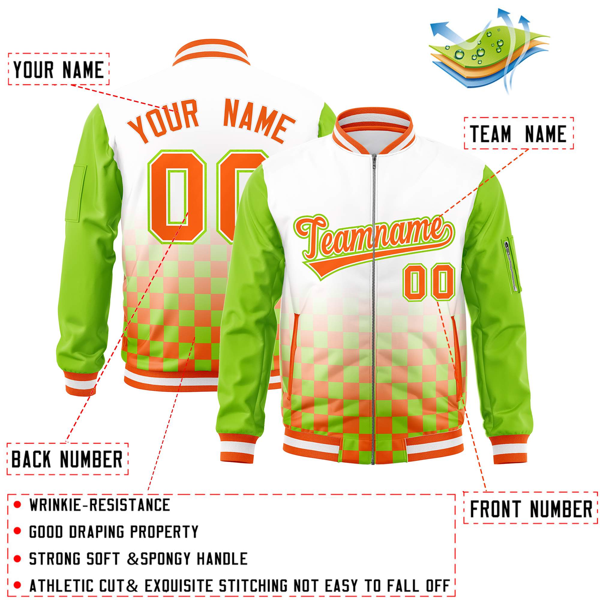 Custom White Orange-Neon Green Grid Varsity Full-Zip Color Block Letterman Raglan Sleeve Jacket