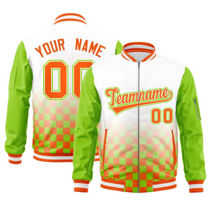 Custom White Orange-Neon Green Grid Varsity Full-Zip Color Block Letterman Raglan Sleeve Jacket