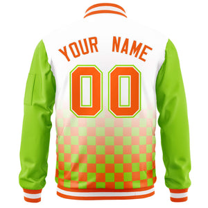 Custom White Orange-Neon Green Grid Varsity Full-Zip Color Block Letterman Raglan Sleeve Jacket