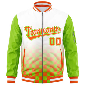 Custom White Orange-Neon Green Grid Varsity Full-Zip Color Block Letterman Raglan Sleeve Jacket