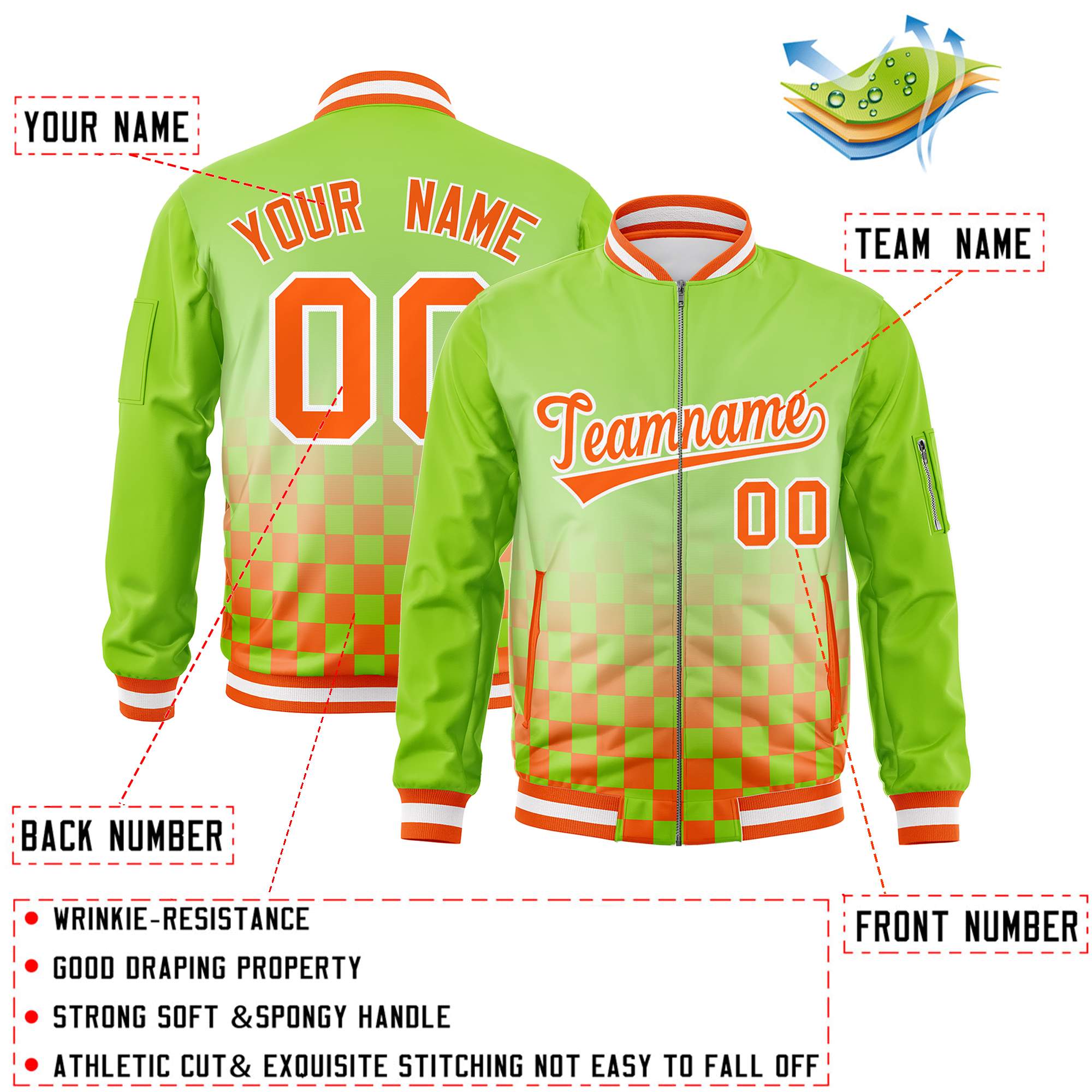 Custom Neon Green Orange-White Grid Varsity Full-Zip Color Block Letterman Bomber Jacket