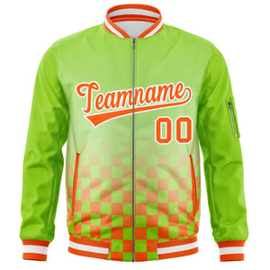 Custom Neon Green Orange-White Grid Varsity Full-Zip Color Block Letterman Bomber Jacket