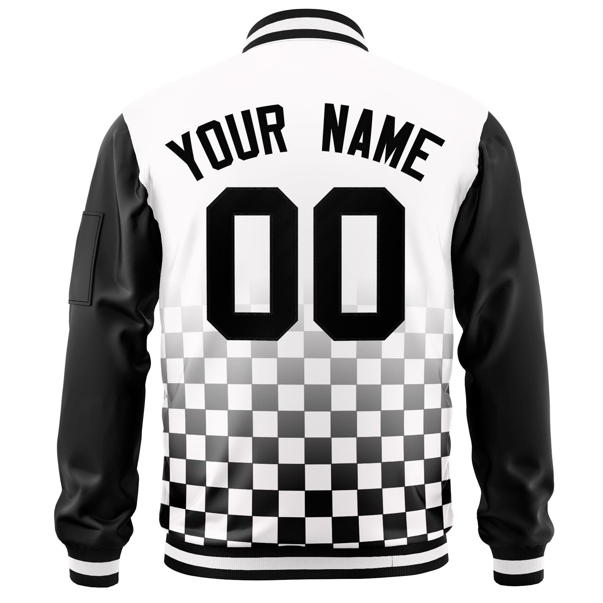 Custom White Black Grid Varsity Full-Zip Color Block Letterman Raglan Sleeve Jacket