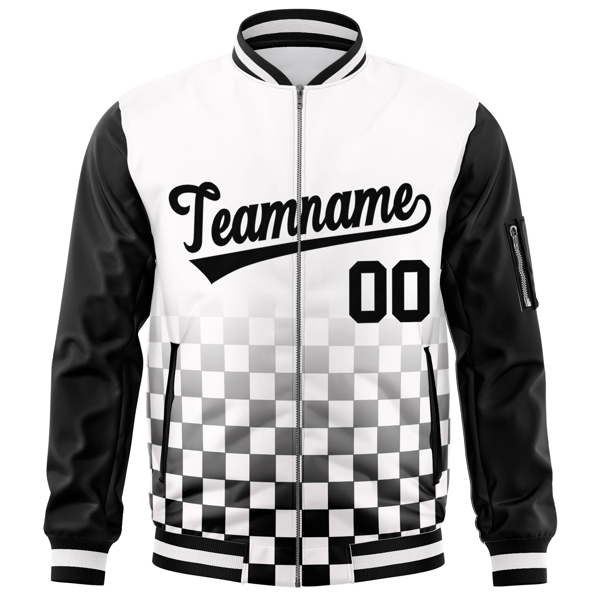 Custom White Black Grid Varsity Full-Zip Color Block Letterman Raglan Sleeve Jacket