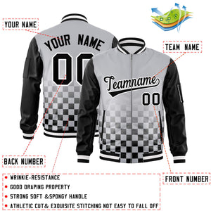 Custom Gray Black-White Grid Varsity Full-Zip Color Block Letterman Raglan Sleeve Jacket