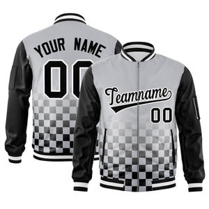 Custom Gray Black-White Grid Varsity Full-Zip Color Block Letterman Raglan Sleeve Jacket