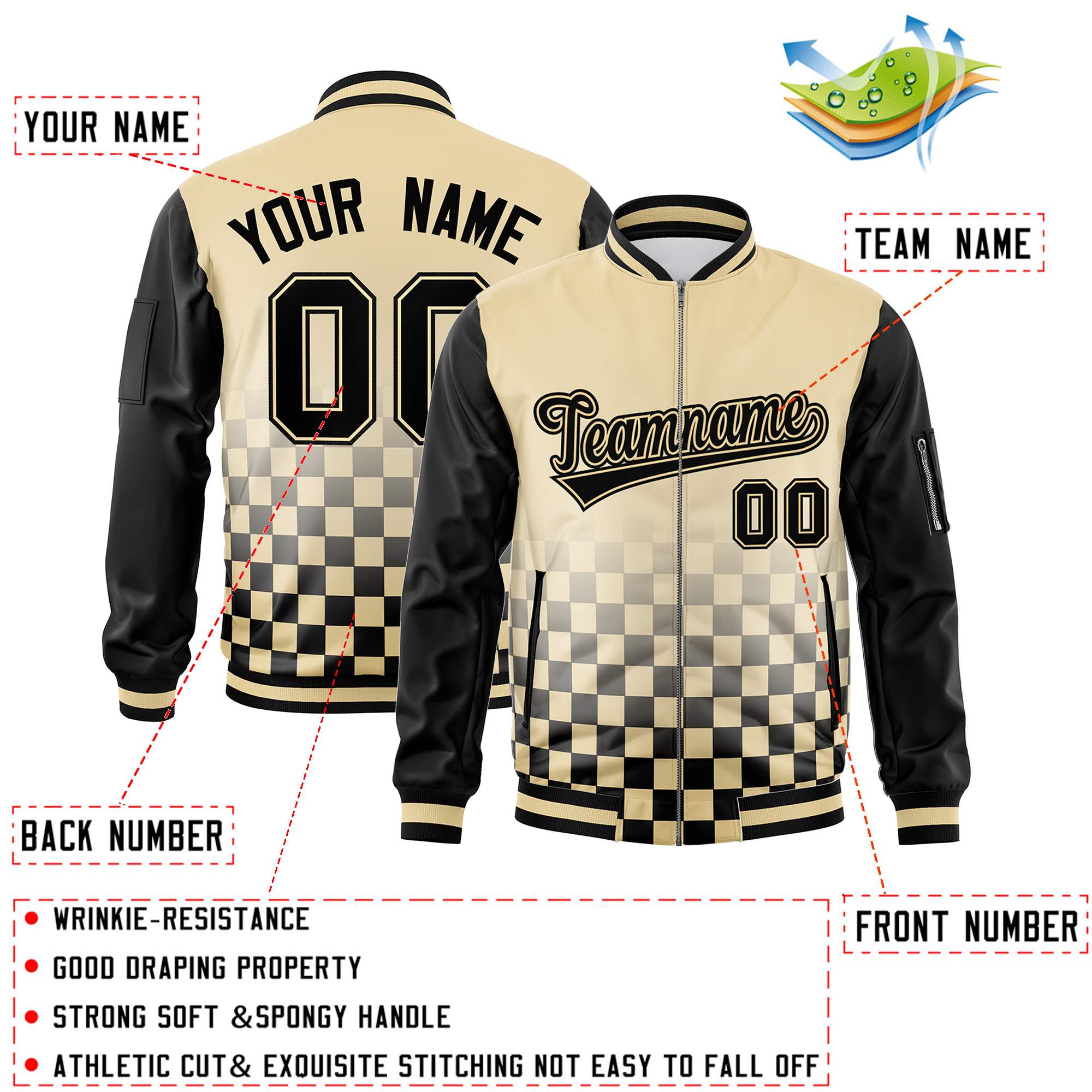 Custom Khaki Black Grid Varsity Full-Zip Color Block Letterman Raglan Sleeve Jacket