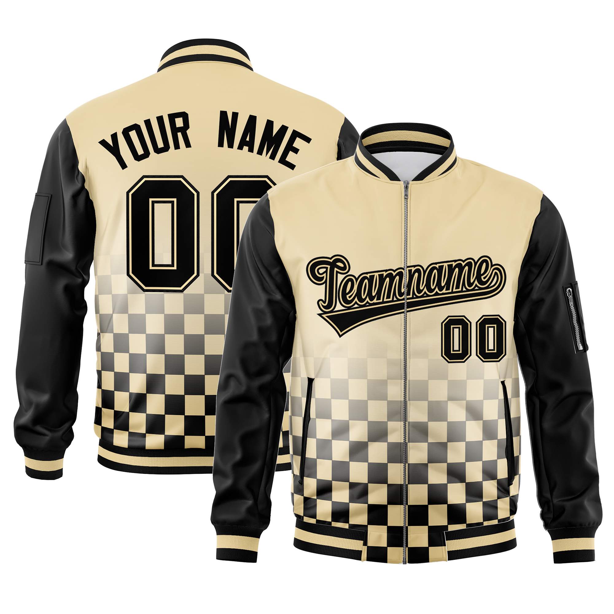 Custom Khaki Black Grid Varsity Full-Zip Color Block Letterman Raglan Sleeve Jacket