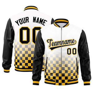 Custom White Black-Gold Grid Varsity Full-Zip Color Block Letterman Raglan Sleeve Jacket