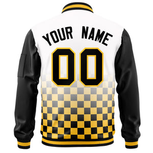 Custom White Black-Gold Grid Varsity Full-Zip Color Block Letterman Raglan Sleeve Jacket