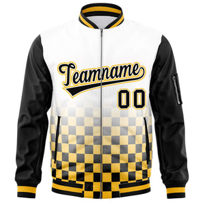 Custom White Black-Gold Grid Varsity Full-Zip Color Block Letterman Raglan Sleeve Jacket