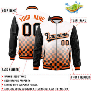 Custom White Black-Orange Grid Varsity Full-Zip Color Block Letterman Raglan Sleeve Jacket