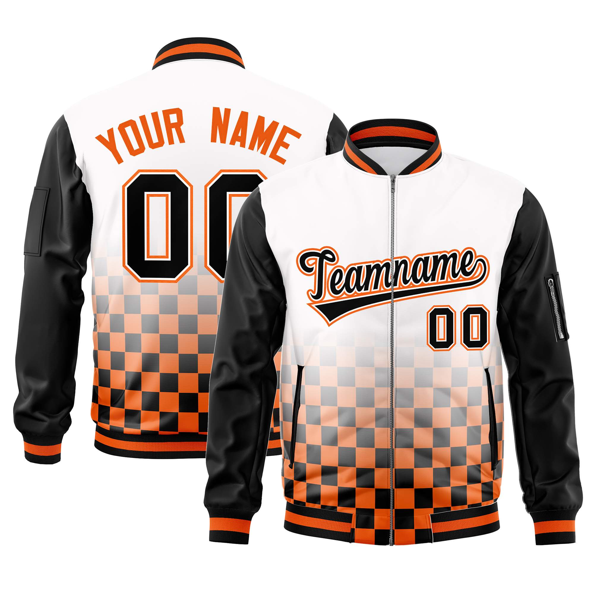 Custom White Black-Orange Grid Varsity Full-Zip Color Block Letterman Raglan Sleeve Jacket