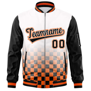 Custom White Black-Orange Grid Varsity Full-Zip Color Block Letterman Raglan Sleeve Jacket