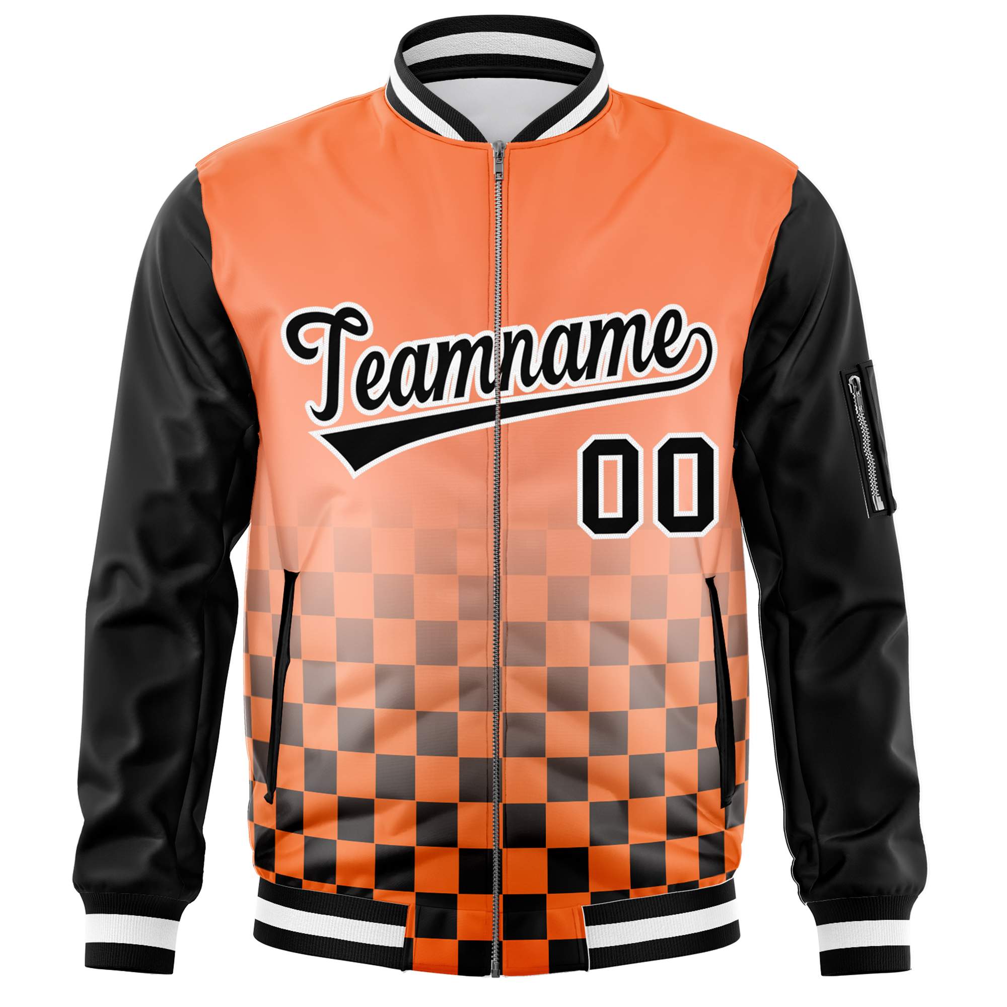 Custom Orange Black-White Grid Varsity Full-Zip Color Block Letterman Raglan Sleeve Jacket