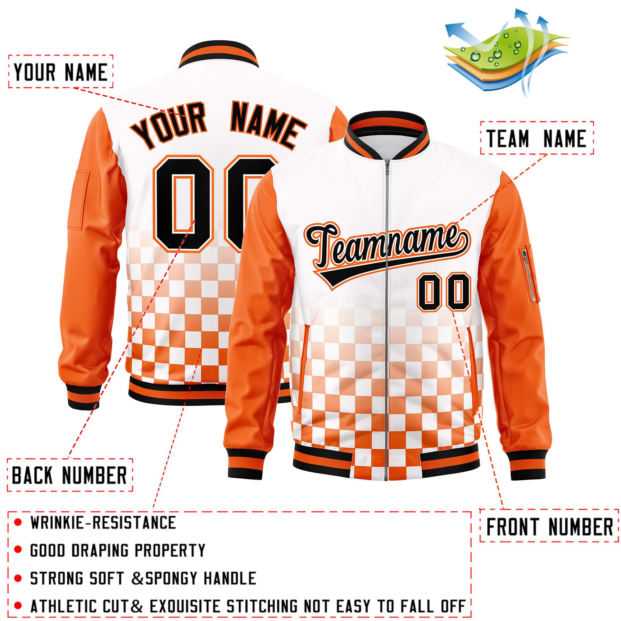 Custom White Black-Orange Grid Varsity Full-Zip Color Block Letterman Raglan Sleeve Jacket