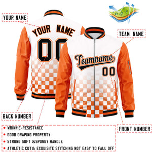 Custom White Black-Orange Grid Varsity Full-Zip Color Block Letterman Raglan Sleeve Jacket