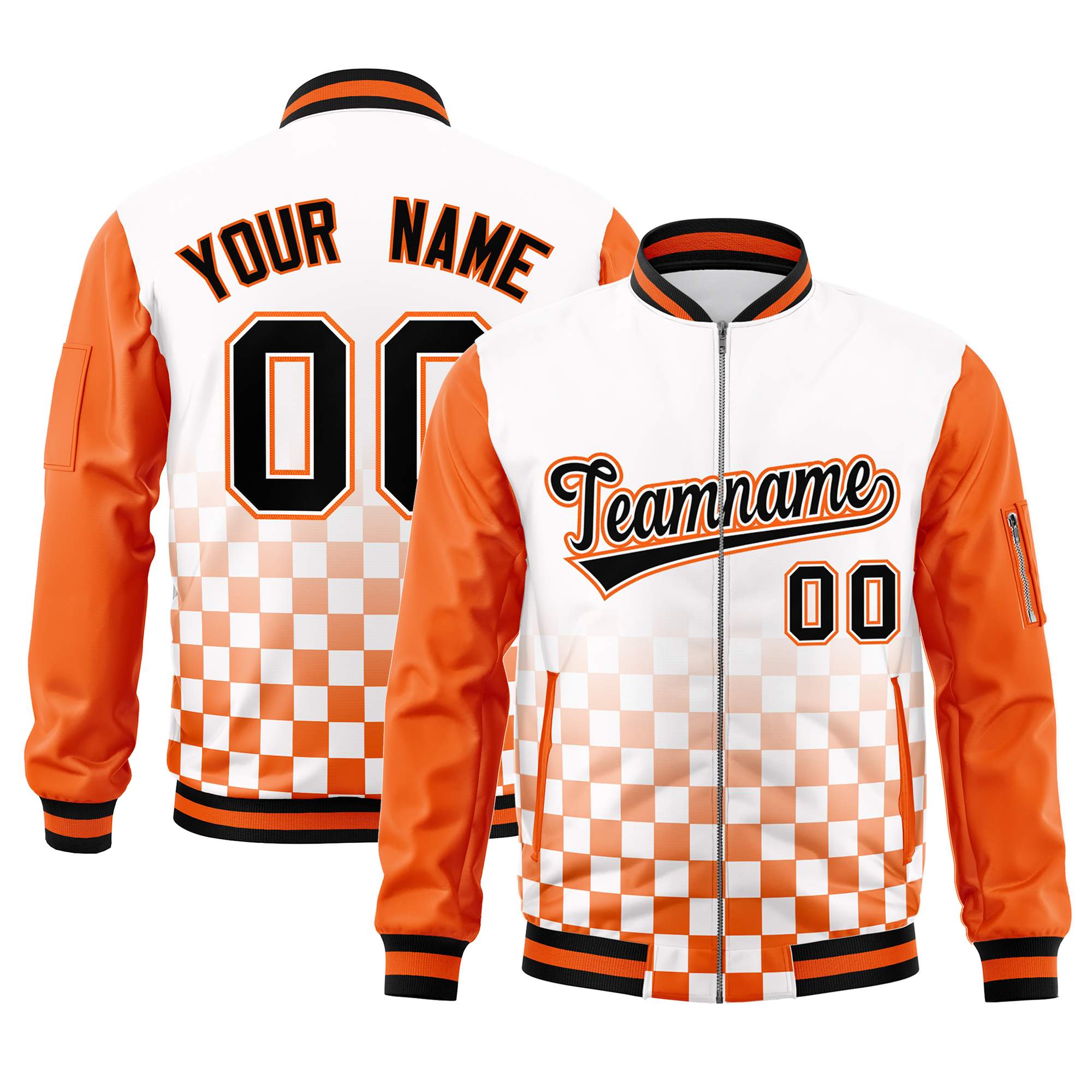 Custom White Black-Orange Grid Varsity Full-Zip Color Block Letterman Raglan Sleeve Jacket