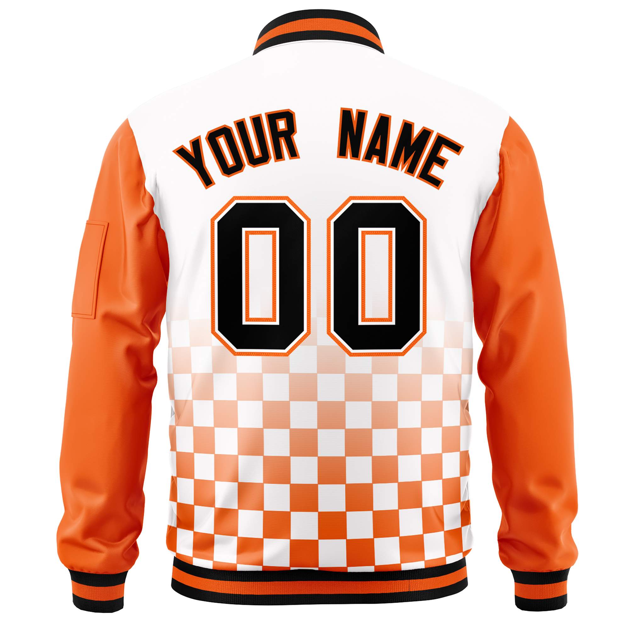 Custom White Black-Orange Grid Varsity Full-Zip Color Block Letterman Raglan Sleeve Jacket