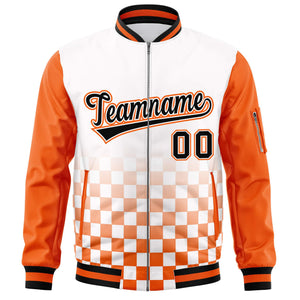 Custom White Black-Orange Grid Varsity Full-Zip Color Block Letterman Raglan Sleeve Jacket