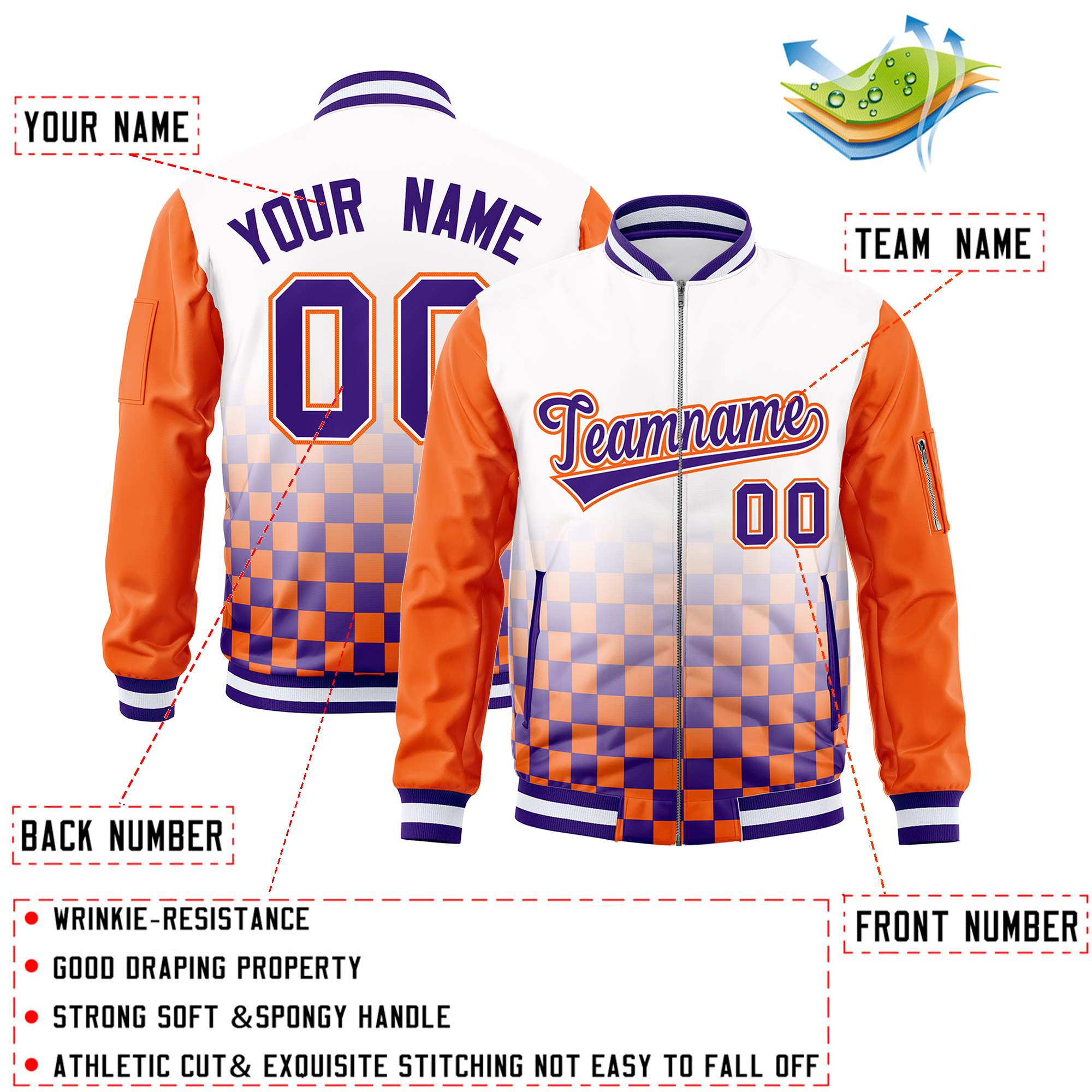 Custom White Purple-Orange Grid Varsity Full-Zip Color Block Letterman Raglan Sleeve Jacket