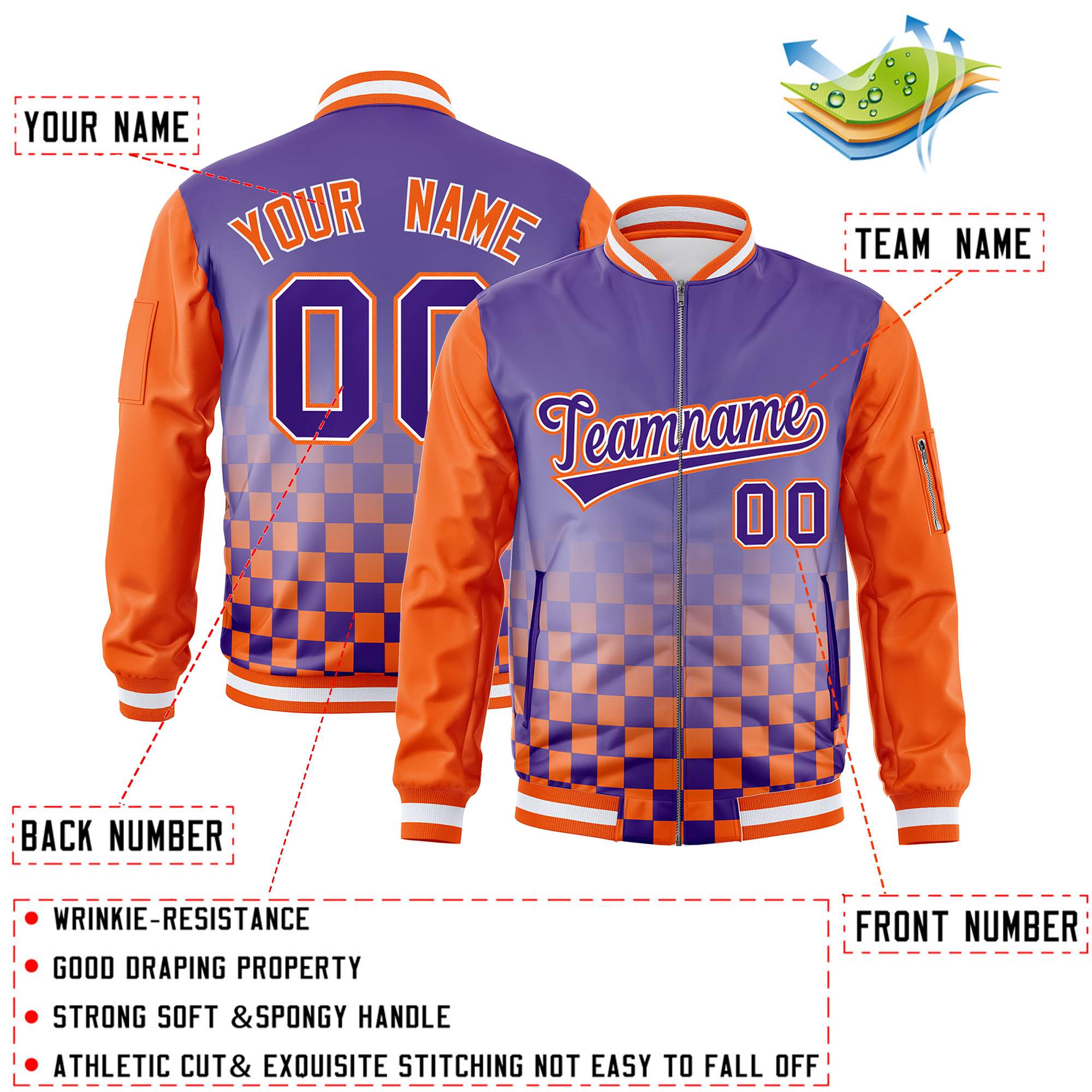 Custom Purple Orange Grid Varsity Full-Zip Color Block Letterman Raglan Sleeve Jacket