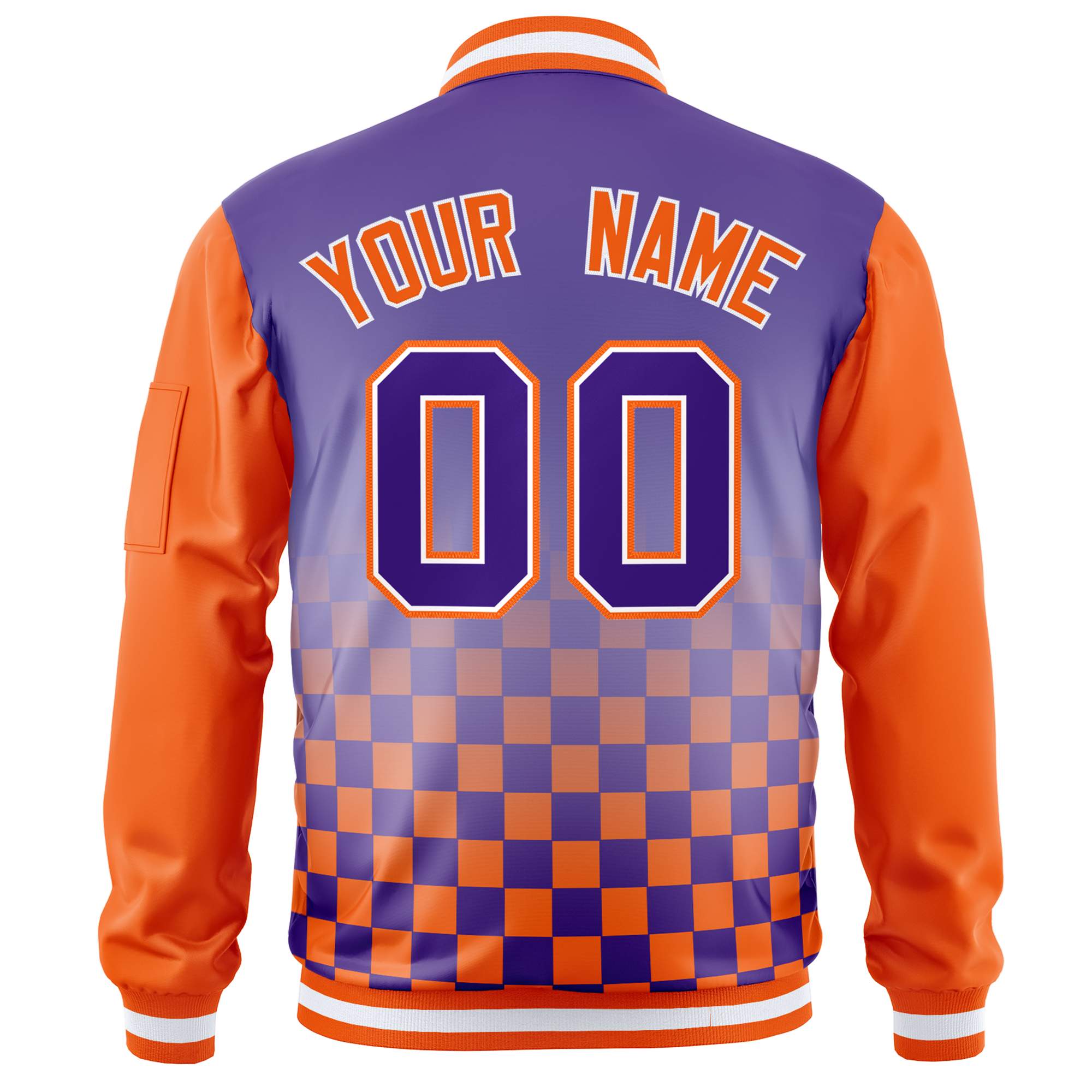 Custom Purple Orange Grid Varsity Full-Zip Color Block Letterman Raglan Sleeve Jacket