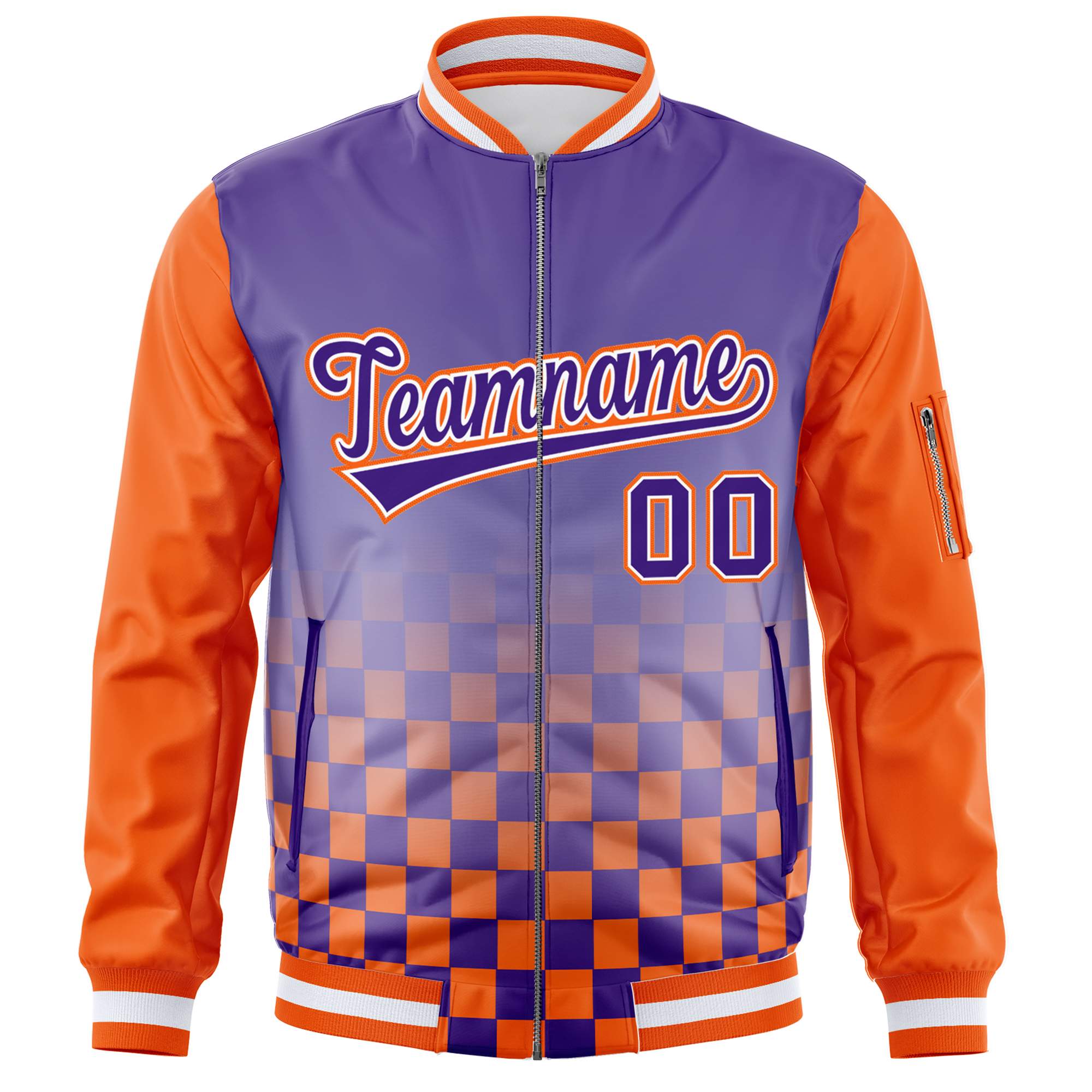 Custom Purple Orange Grid Varsity Full-Zip Color Block Letterman Raglan Sleeve Jacket