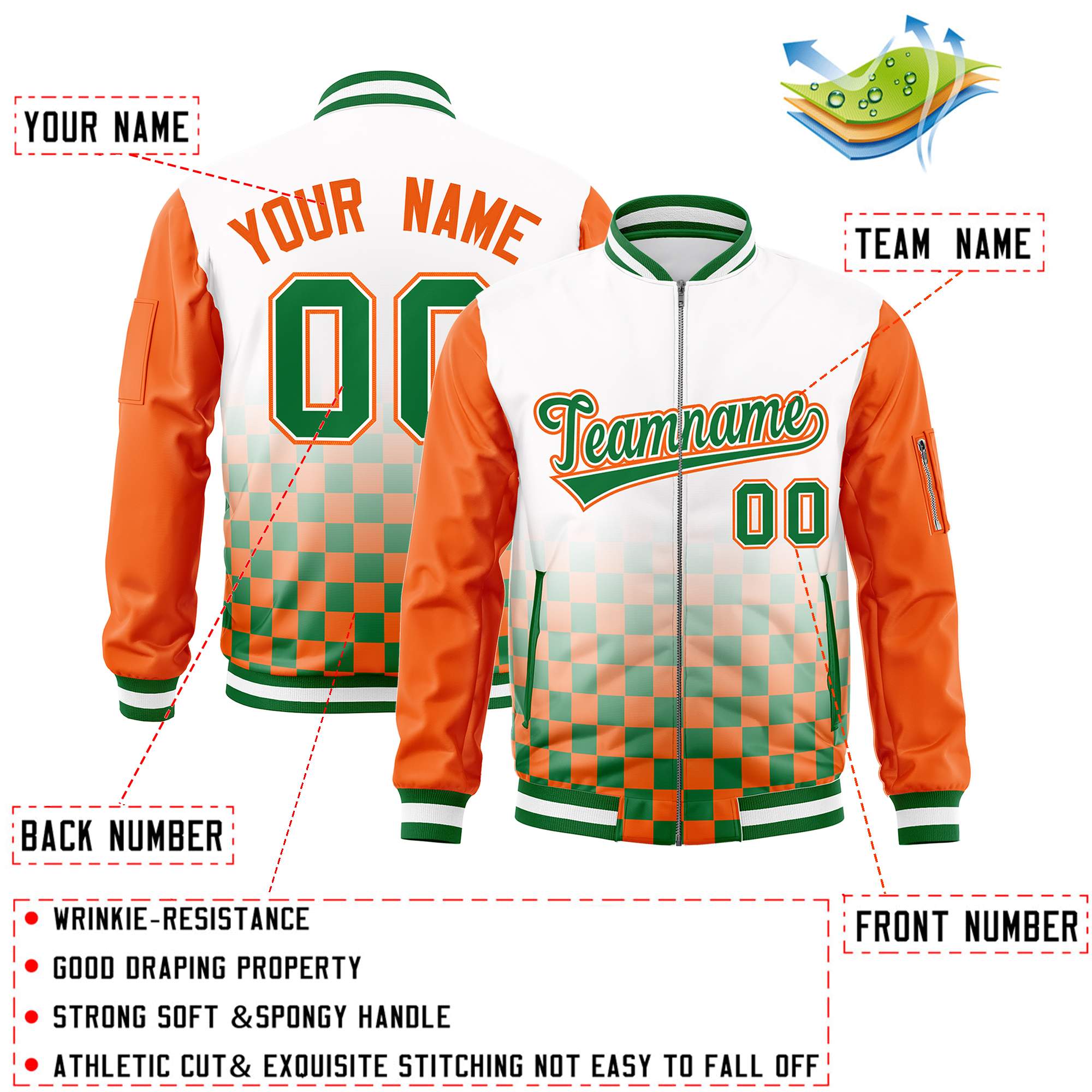 Custom White Kelly Green-Orange Grid Varsity Full-Zip Color Block Letterman Raglan Sleeve Jacket