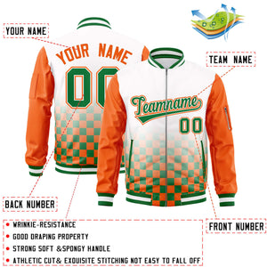 Custom White Kelly Green-Orange Grid Varsity Full-Zip Color Block Letterman Raglan Sleeve Jacket