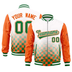 Custom White Kelly Green-Orange Grid Varsity Full-Zip Color Block Letterman Raglan Sleeve Jacket