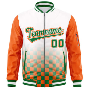 Custom White Kelly Green-Orange Grid Varsity Full-Zip Color Block Letterman Raglan Sleeve Jacket