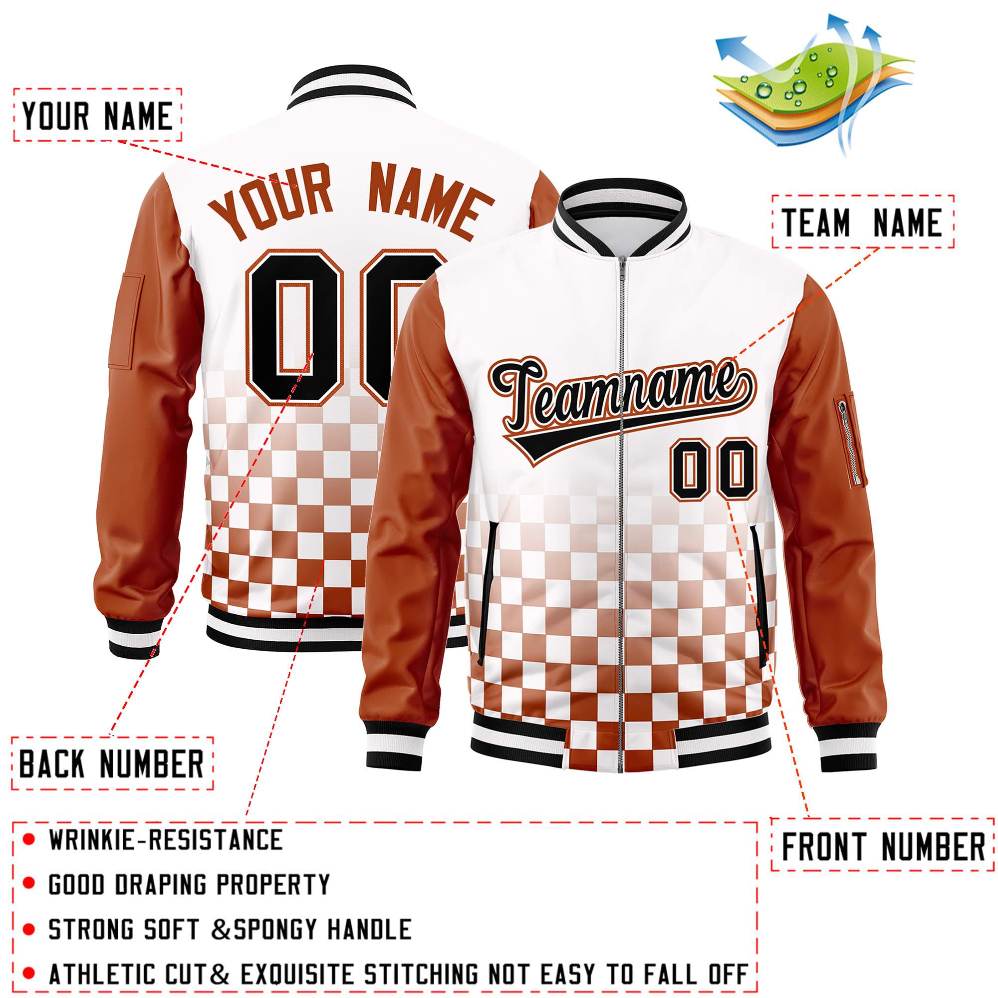 Custom White Black-Orange Grid Varsity Full-Zip Color Block Letterman Raglan Sleeve Jacket