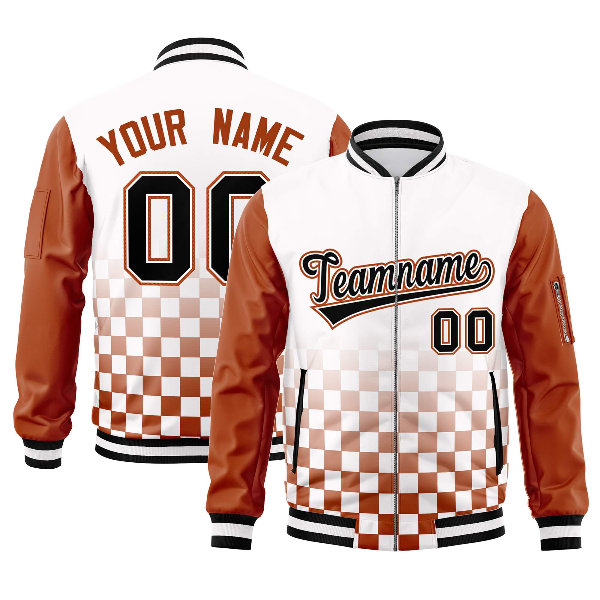 Custom White Black-Orange Grid Varsity Full-Zip Color Block Letterman Raglan Sleeve Jacket