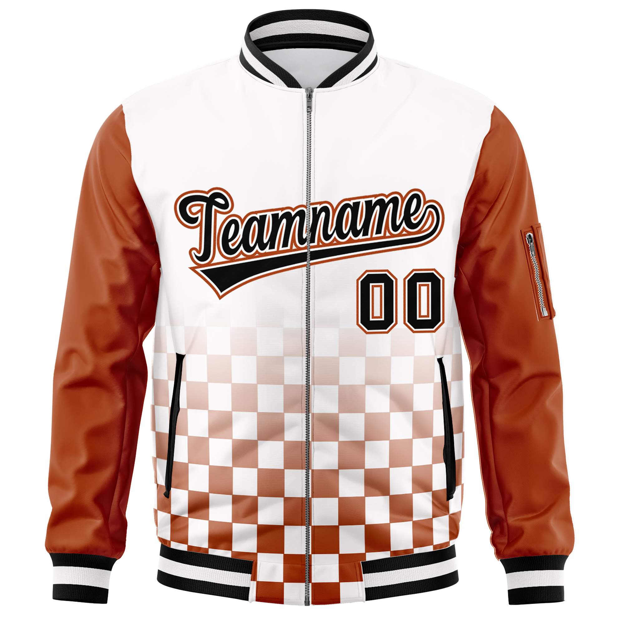 Custom White Black-Orange Grid Varsity Full-Zip Color Block Letterman Raglan Sleeve Jacket