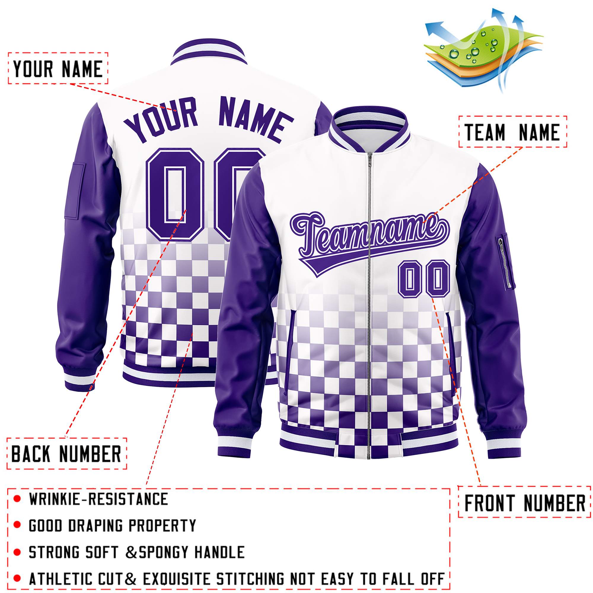 Custom White Purple Grid Varsity Full-Zip Color Block Letterman Raglan Sleeve Jacket