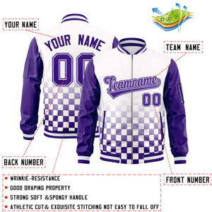 Custom White Purple Grid Varsity Full-Zip Color Block Letterman Raglan Sleeve Jacket