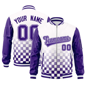 Custom White Purple Grid Varsity Full-Zip Color Block Letterman Raglan Sleeve Jacket