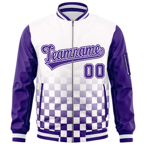 Custom White Purple Grid Varsity Full-Zip Color Block Letterman Raglan Sleeve Jacket