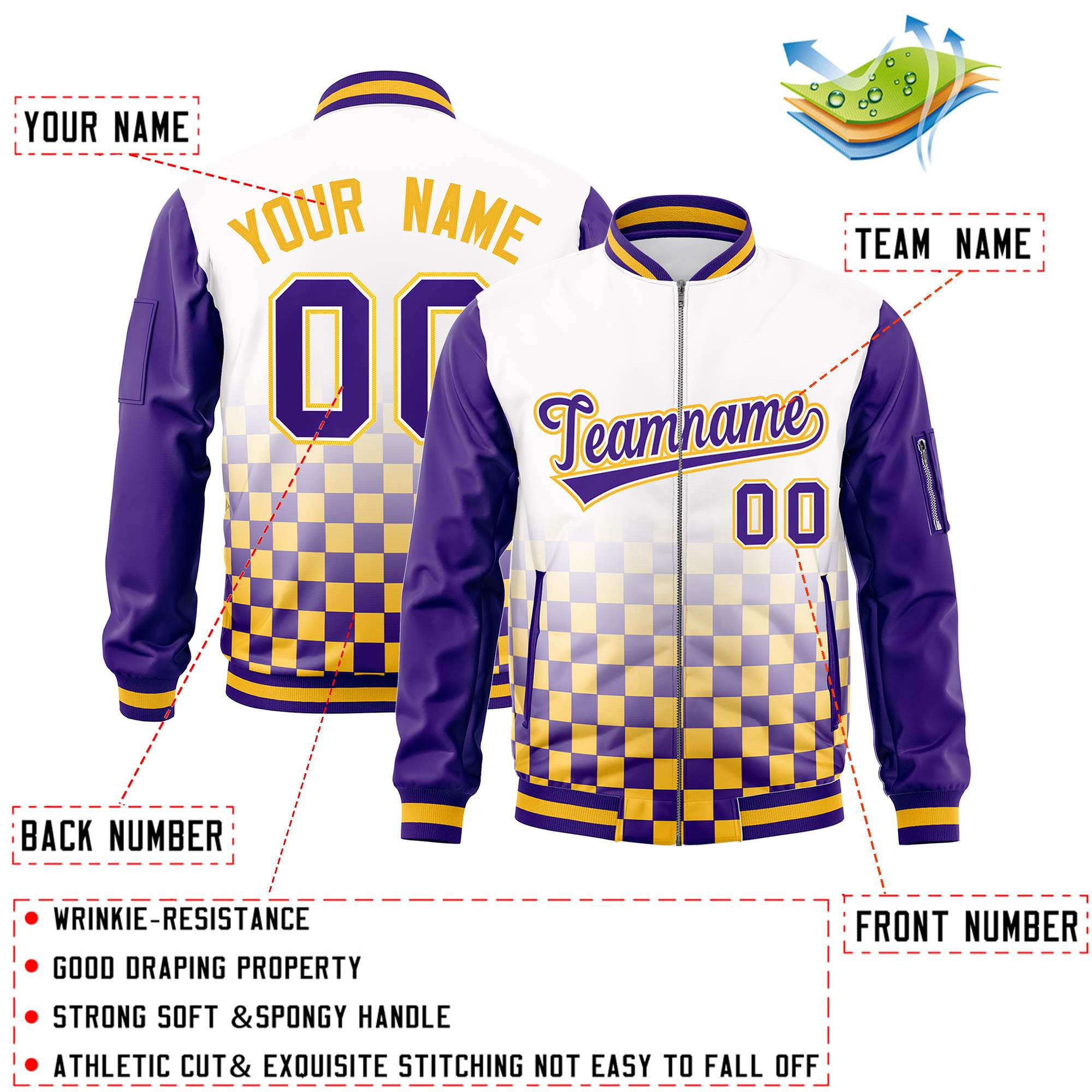 Custom White Purple-Gold Grid Varsity Full-Zip Color Block Letterman Raglan Sleeve Jacket