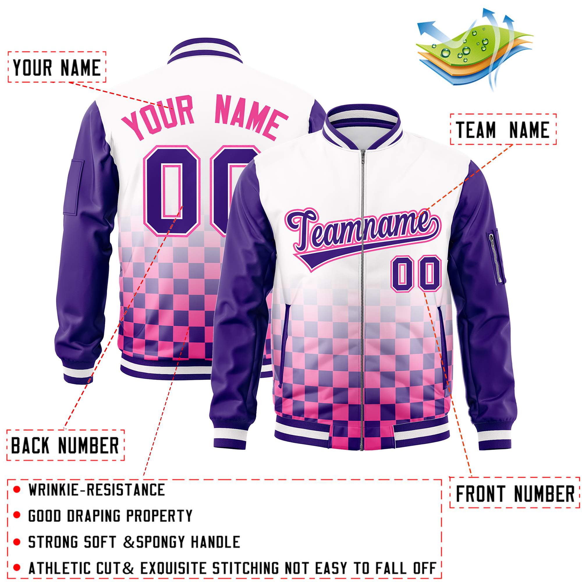 Custom White Purple-Pink Grid Varsity Full-Zip Color Block Letterman Raglan Sleeve Jacket