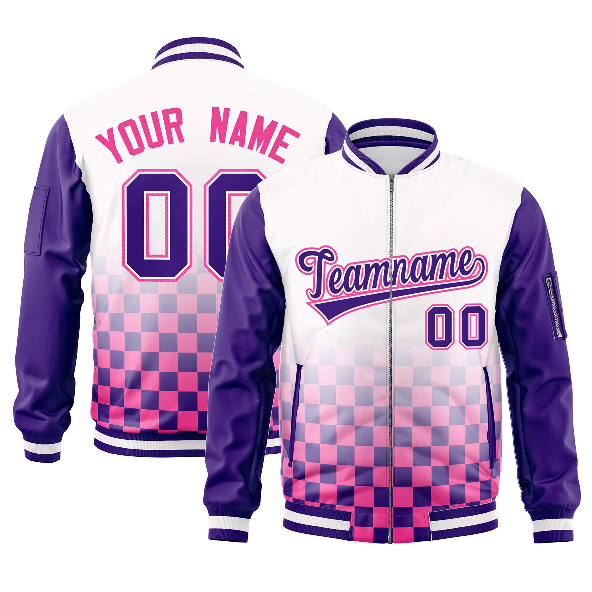 Custom White Purple-Pink Grid Varsity Full-Zip Color Block Letterman Raglan Sleeve Jacket