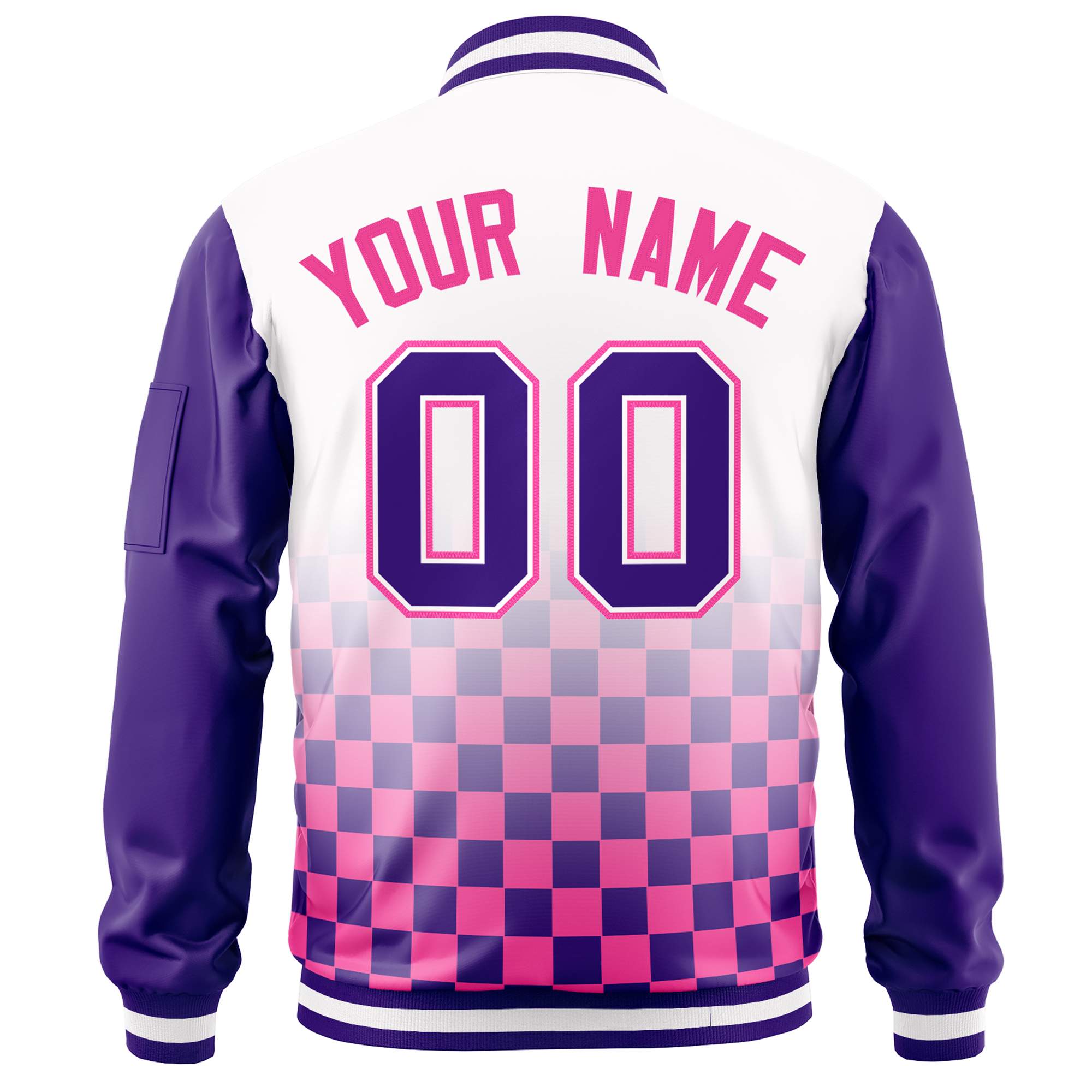 Custom White Purple-Pink Grid Varsity Full-Zip Color Block Letterman Raglan Sleeve Jacket