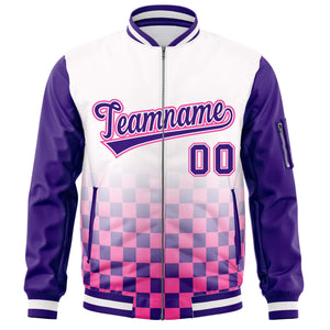 Custom White Purple-Pink Grid Varsity Full-Zip Color Block Letterman Raglan Sleeve Jacket